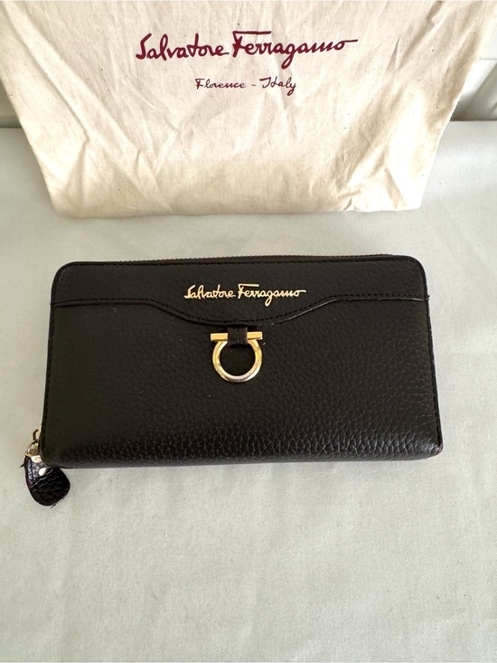 Salvatore Ferragamo Handbags - Salvatore Ferragamo Brown Pebbled Leather Zip Wallet with Gold Gancini